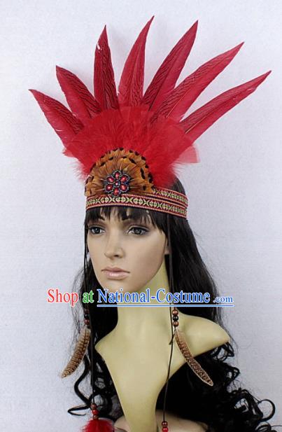 Top Halloween Apache Knight Red Feather Hair Clasp Carnival Catwalks Primitive Tribe Headwear