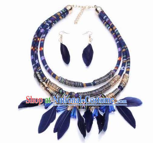 Handmade Blue Feather Necklace Stage Show Necklet and Earrings Accessories for Women