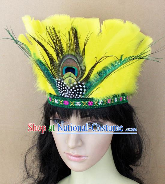 Top Rio Carnival Dance Hair Accessories Primitive Tribe Apache Knight Yellow Feather Headwear for Adults