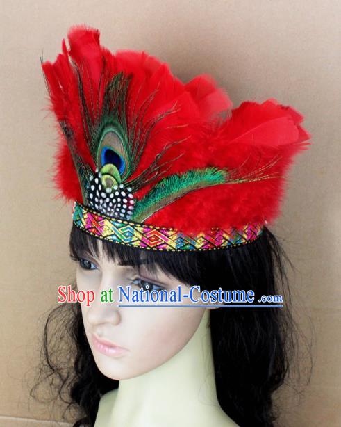 Top Rio Carnival Dance Hair Accessories Primitive Tribe Apache Knight Red Feather Headwear for Adults