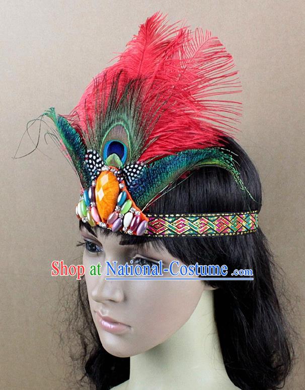 Top Rio Carnival Dance Red Feather Hair Accessories Primitive Tribe Apache Knight Headwear for Adults