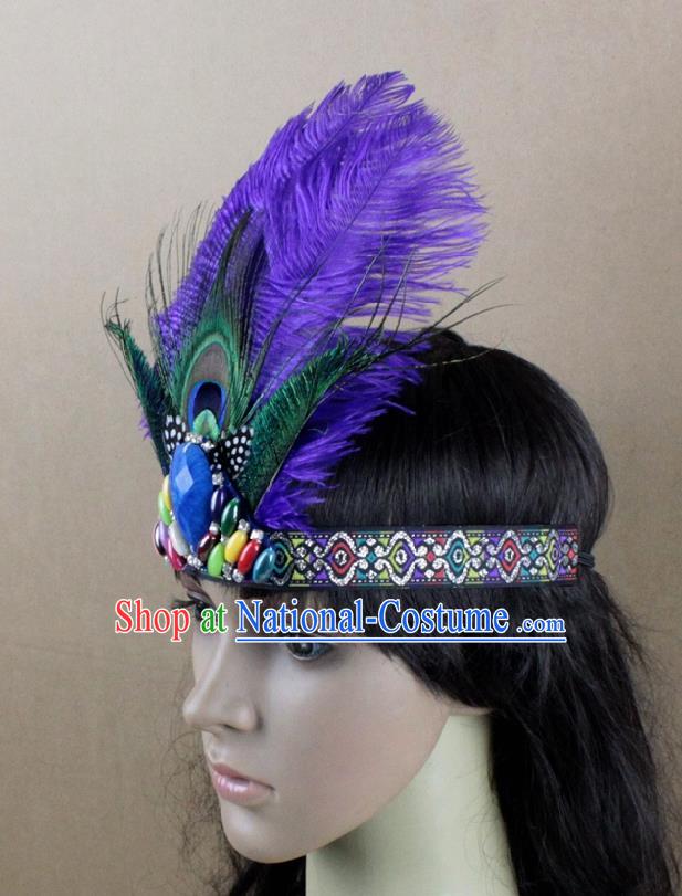 Top Rio Carnival Dance Purple Feather Hair Accessories Primitive Tribe Apache Knight Headwear for Adults