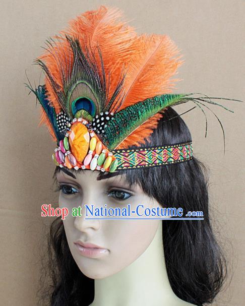 Top Rio Carnival Dance Orange Feather Hair Accessories Primitive Tribe Apache Knight Headwear for Adults