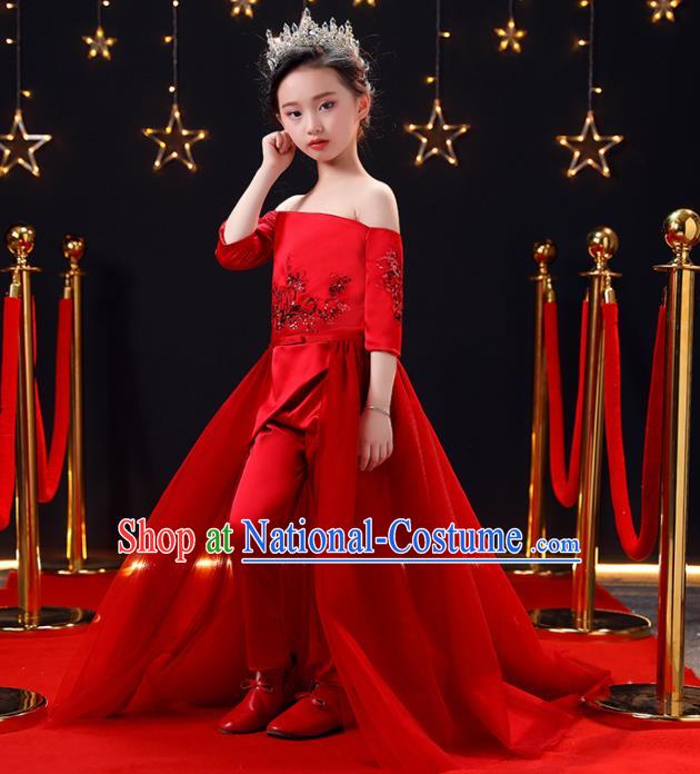 Top Modern Dance Costume Children Opening Dance Compere Performance Red Full Dress for Girls Kids