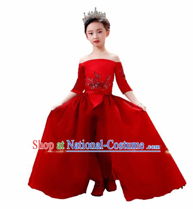 Top Modern Dance Costume Children Opening Dance Compere Performance Red Full Dress for Girls Kids