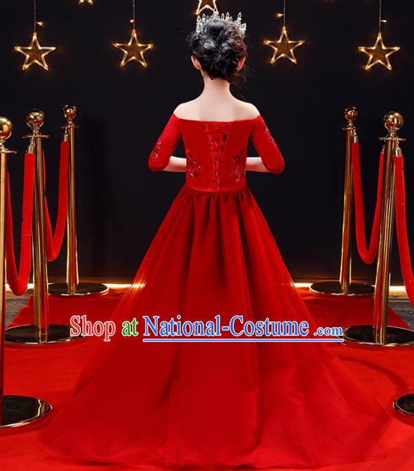 Top Modern Dance Costume Children Opening Dance Compere Performance Red Full Dress for Girls Kids