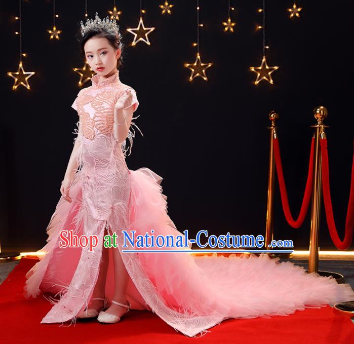 Top Modern Dance Costume Children Opening Dance Compere Performance Pink Feather Trailing Full Dress for Girls Kids