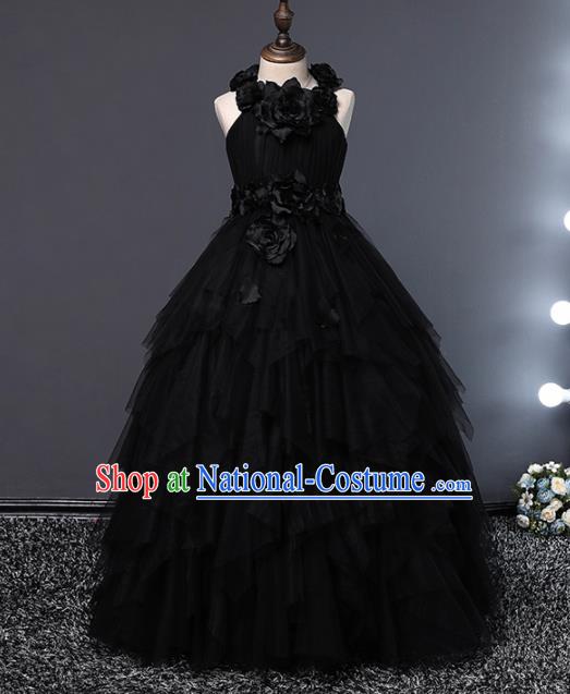 Children Modern Dance Costume Opening Dance Compere Catwalks Performance Black Full Dress for Girls Kids