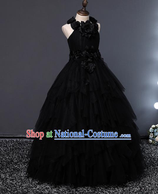 Children Modern Dance Costume Opening Dance Compere Catwalks Performance Black Full Dress for Girls Kids