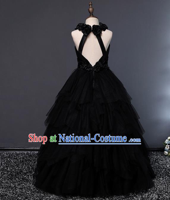 Children Modern Dance Costume Opening Dance Compere Catwalks Performance Black Full Dress for Girls Kids