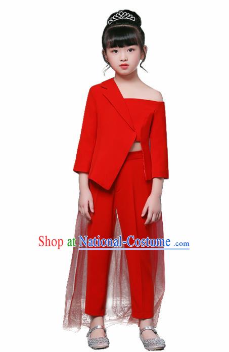 Children Modern Dance Costume Opening Dance Compere Catwalks Performance Red Suits for Girls Kids