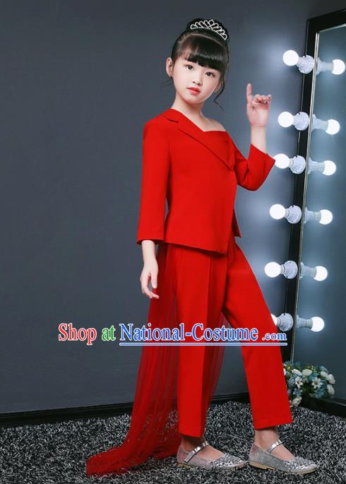 Children Modern Dance Costume Opening Dance Compere Catwalks Performance Red Suits for Girls Kids