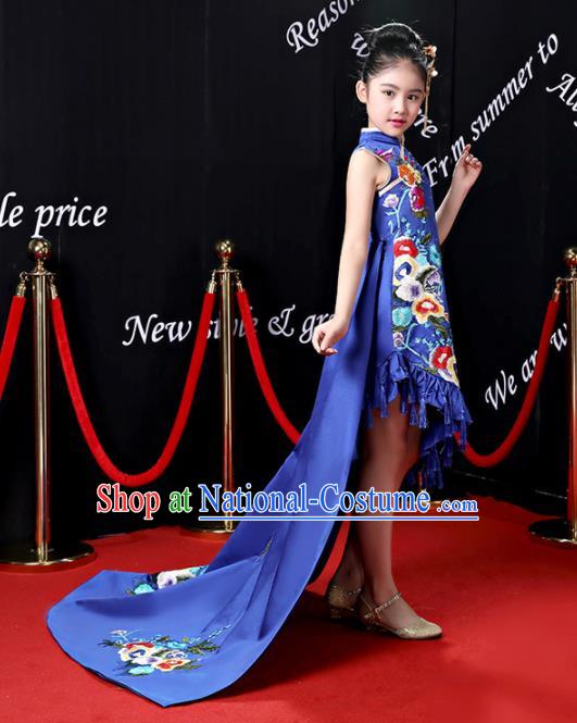 Children Modern Dance Costume Opening Dance Compere Catwalks Royalblue Qipao Dress for Girls Kids