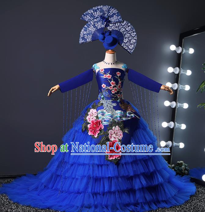 Children Modern Dance Costume Opening Dance Compere Catwalks Royalblue Veil Trailing Dress for Girls Kids