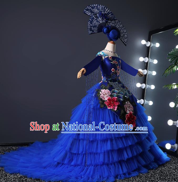 Children Modern Dance Costume Opening Dance Compere Catwalks Royalblue Veil Trailing Dress for Girls Kids