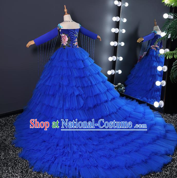 Children Modern Dance Costume Opening Dance Compere Catwalks Royalblue Veil Trailing Dress for Girls Kids