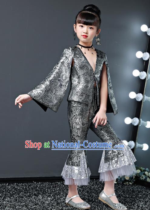 Children Modern Dance Costume Court Dance Compere Halloween Catwalks Grey Suits for Girls Kids