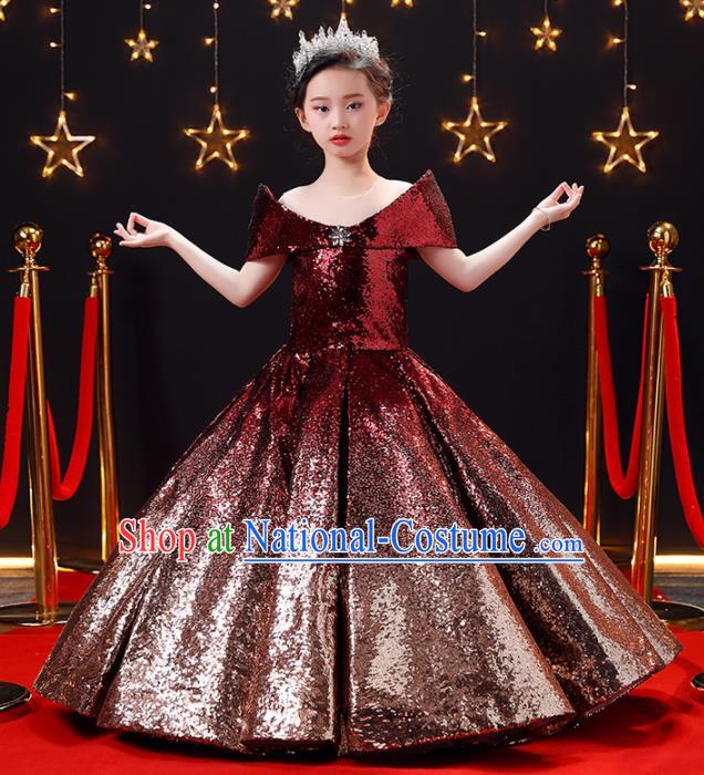 Top Modern Dance Costume Children Opening Dance Compere Performance Wine Red Full Dress for Girls Kids