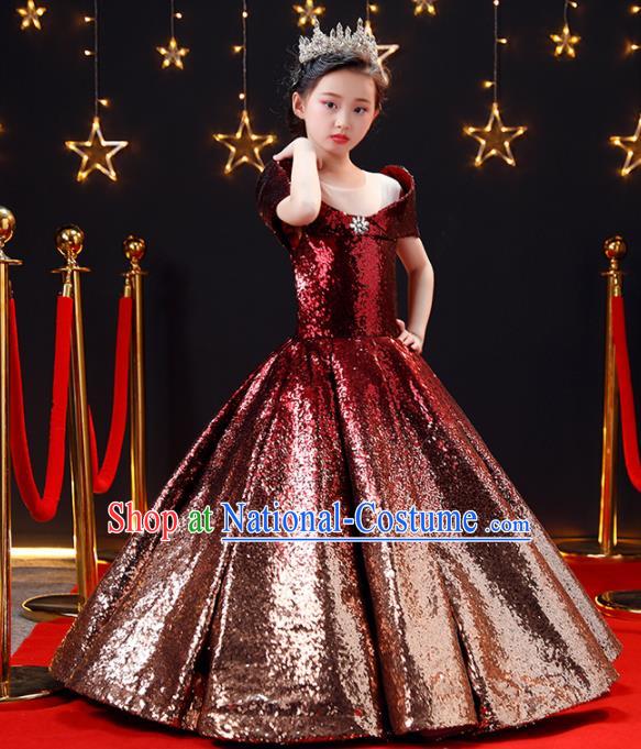 Top Modern Dance Costume Children Opening Dance Compere Performance Wine Red Full Dress for Girls Kids