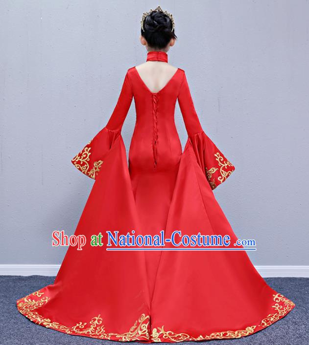 Children Modern Dance Costume Compere Halloween Catwalks Red Trailing Full Dress for Kids