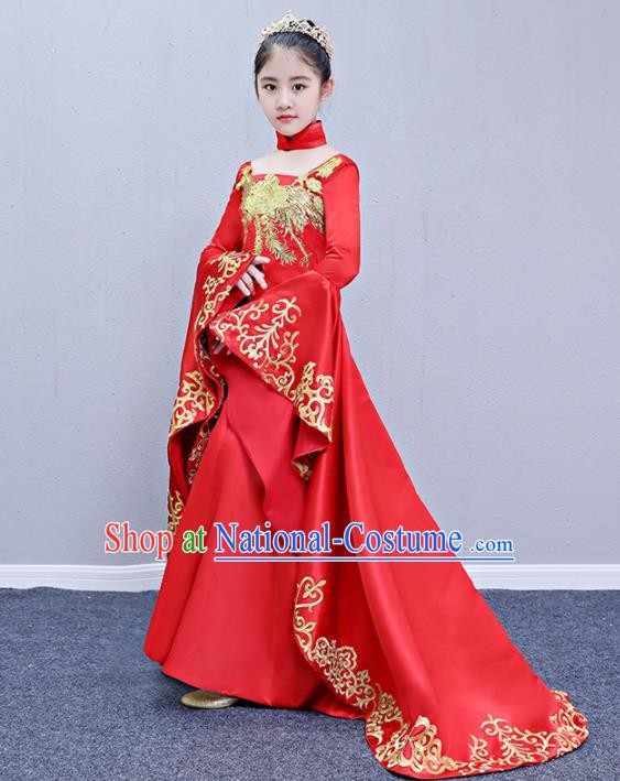 Children Modern Dance Costume Compere Halloween Catwalks Red Trailing Full Dress for Kids