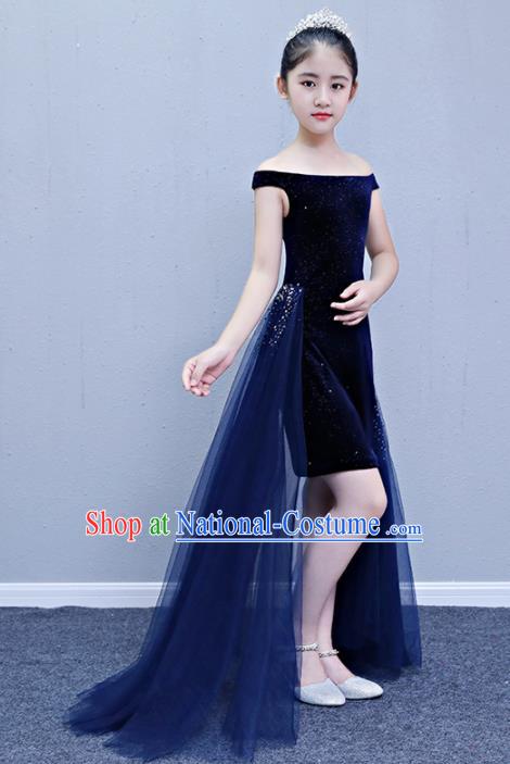 Children Modern Dance Costume Court Dance Compere Blue Full Dress for Girls Kids