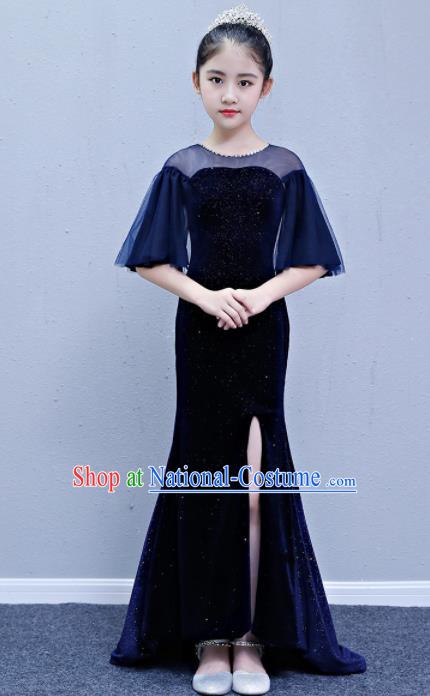 Children Modern Dance Costume Court Dance Compere Blue Trailing Full Dress for Girls Kids