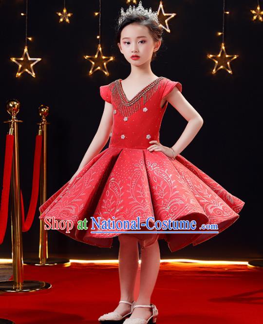 Top Modern Dance Costume Children Opening Dance Compere Catwalks Performance Red Bubble Full Dress for Girls Kids