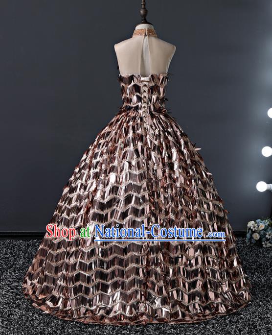 Children Modern Dance Costume Court Dance Compere Golden Sequins Full Dress for Girls Kids