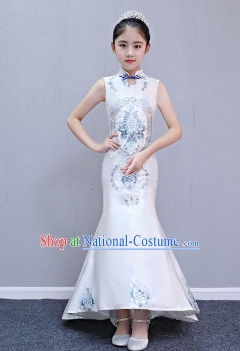 Children Modern Dance Costume Court Dance Compere White Cheongsam Dress for Girls Kids