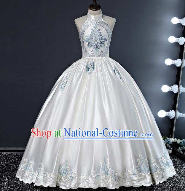 Children Modern Dance Costume Court Dance Compere White Silk Full Dress for Girls Kids