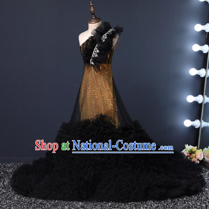 Children Modern Dance Costume Opening Dance Compere Catwalks Performance Black Trailing Full Dress for Girls Kids