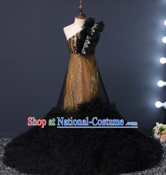 Children Modern Dance Costume Opening Dance Compere Catwalks Performance Black Trailing Full Dress for Girls Kids