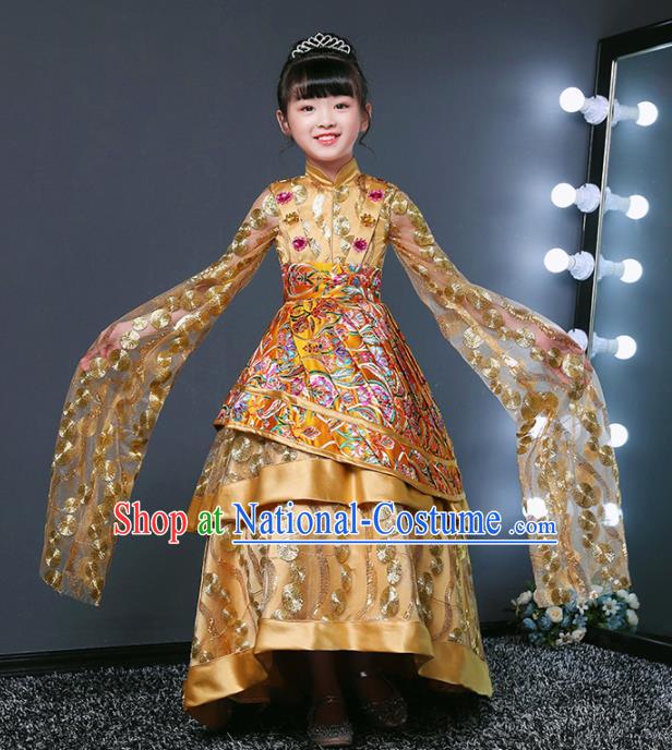 Children Modern Dance Costume Opening Dance Compere Catwalks Performance Golden Full Dress for Girls Kids