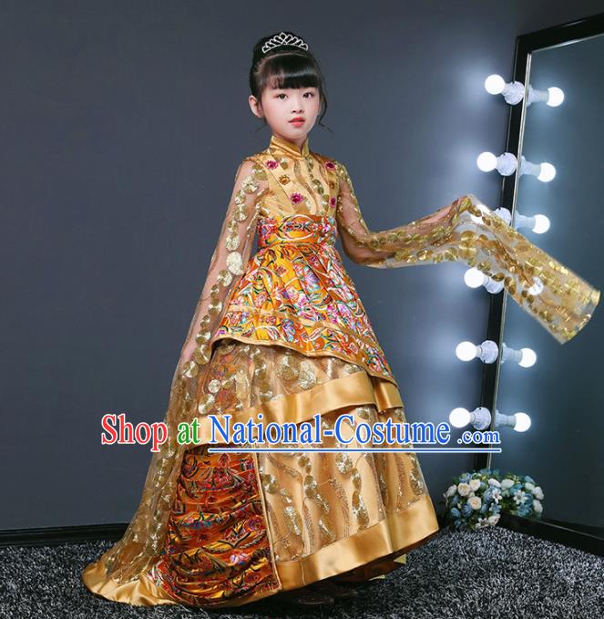 Children Modern Dance Costume Opening Dance Compere Catwalks Performance Golden Full Dress for Girls Kids