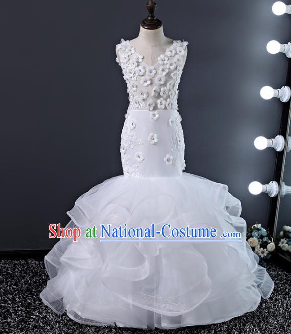 Children Modern Dance Costume Court Dance Compere White Veil Full Dress for Girls Kids