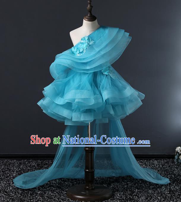 Children Modern Dance Costume Stage Performance Compere Blue Veil Trailing Full Dress for Girls Kids