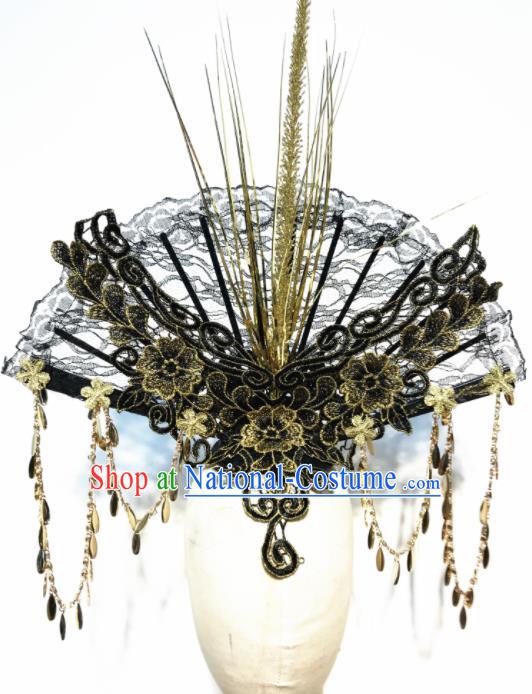 Top Chinese Stage Show Black Lace Fan Hair Accessories Halloween Fancy Dress Ball Headdress for Women