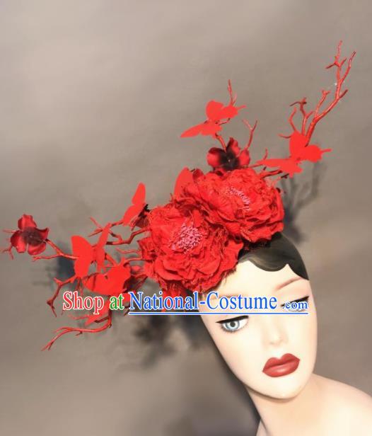 Top Halloween Stage Show Hair Accessories Brazilian Carnival Catwalks Red Peony Butterfly Headdress for Women