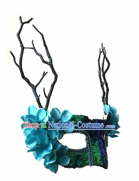 Top Fancy Dress Ball Blue Flowers Sequins Masks Brazilian Carnival Halloween Cosplay Face Mask for Women