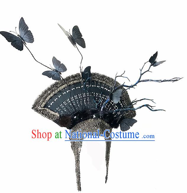 Top Chinese Stage Show Black Fan Butterfly Hair Accessories Halloween Fancy Dress Ball Headdress for Women