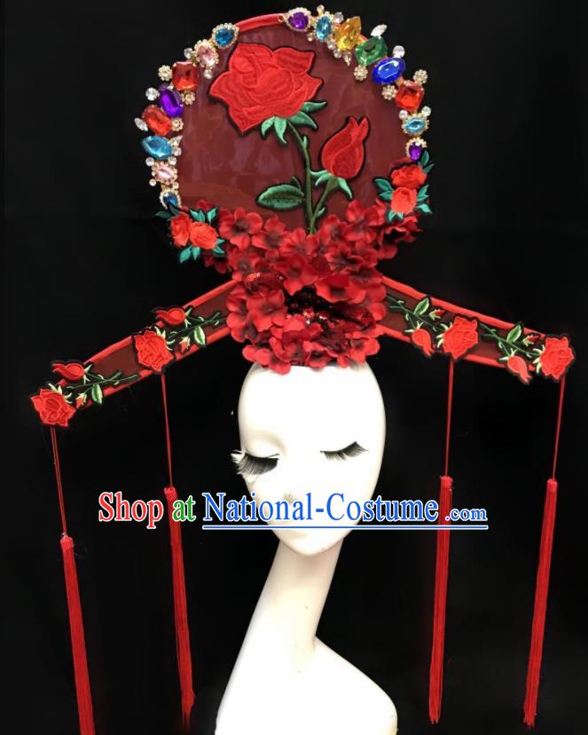 Top Chinese Stage Show Red Peony Hair Accessories Halloween Fancy Dress Ball Headdress for Women