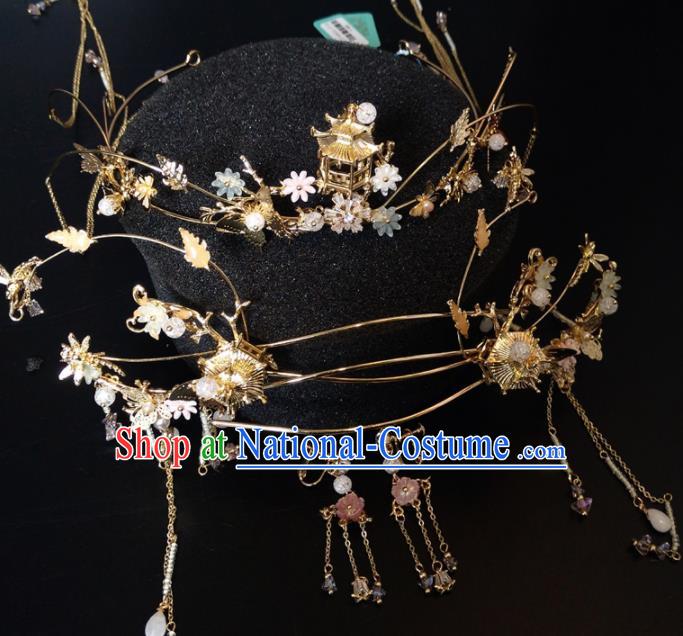 Top Chinese Traditional Wedding Hair Accessories Classical Golden Phoenix Coronet Hairpins Headdress for Women