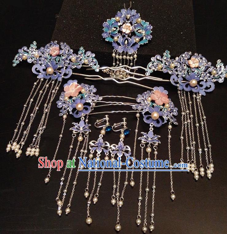 Top Chinese Traditional Hair Accessories Classical Blue Phoenix Coronet Hairpins Headdress for Women