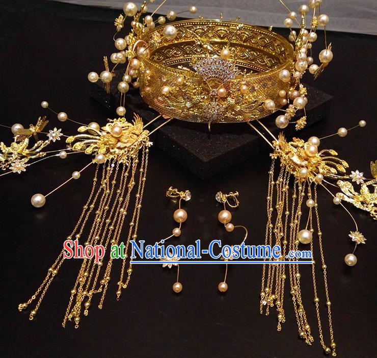 Top Chinese Traditional Hair Accessories Classical Golden Phoenix Coronet Hairpins Headdress for Women