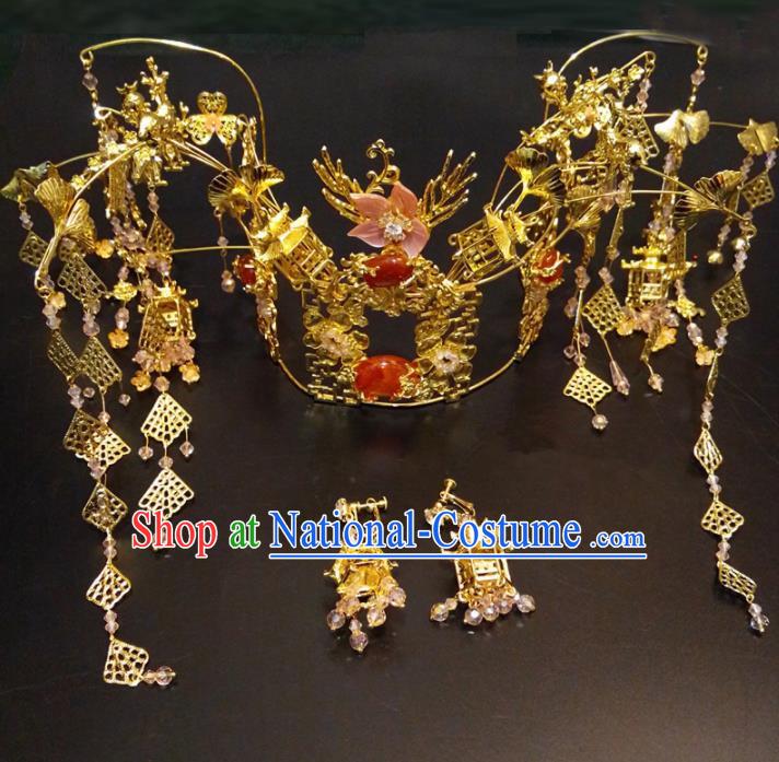 Top Chinese Traditional Agate Phoenix Coronet Wedding Hair Accessories Classical Hairpins Headdress for Women