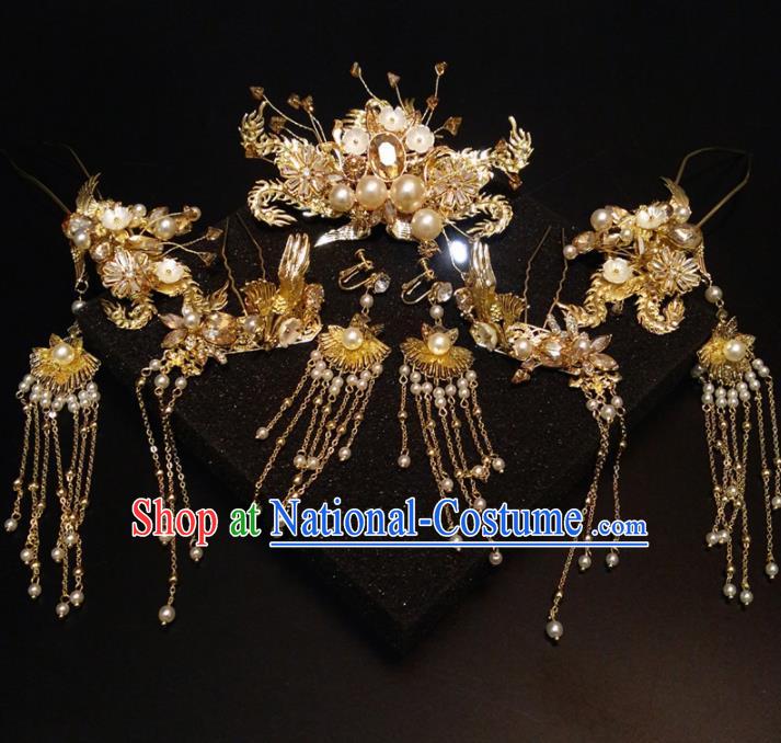 Top Chinese Traditional Wedding Phoenix Coronet Classical Pearls Hairpins Headdress for Women