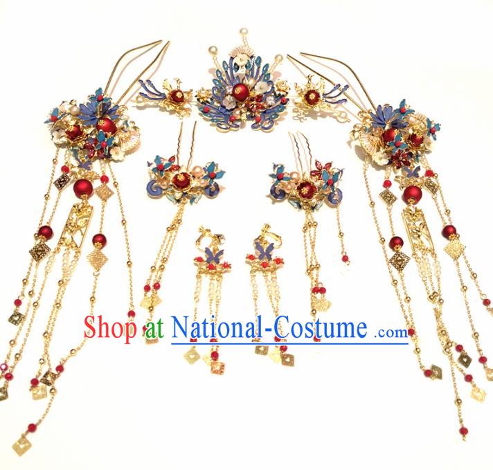 Top Chinese Traditional Wedding Blueing Phoenix Coronet Classical Hairpins Headdress for Women