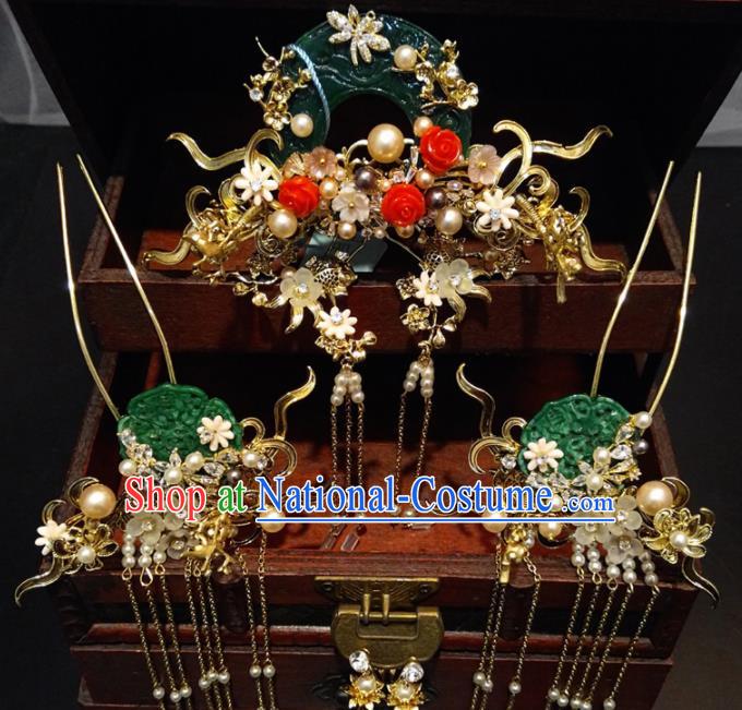 Top Chinese Traditional Wedding Jade Phoenix Coronet Classical Hairpins Headdress for Women