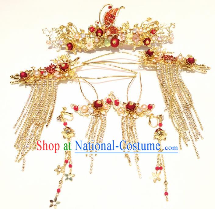 Top Chinese Traditional Wedding Red Butterfly Phoenix Coronet Classical Tassel Hairpins Headdress for Women